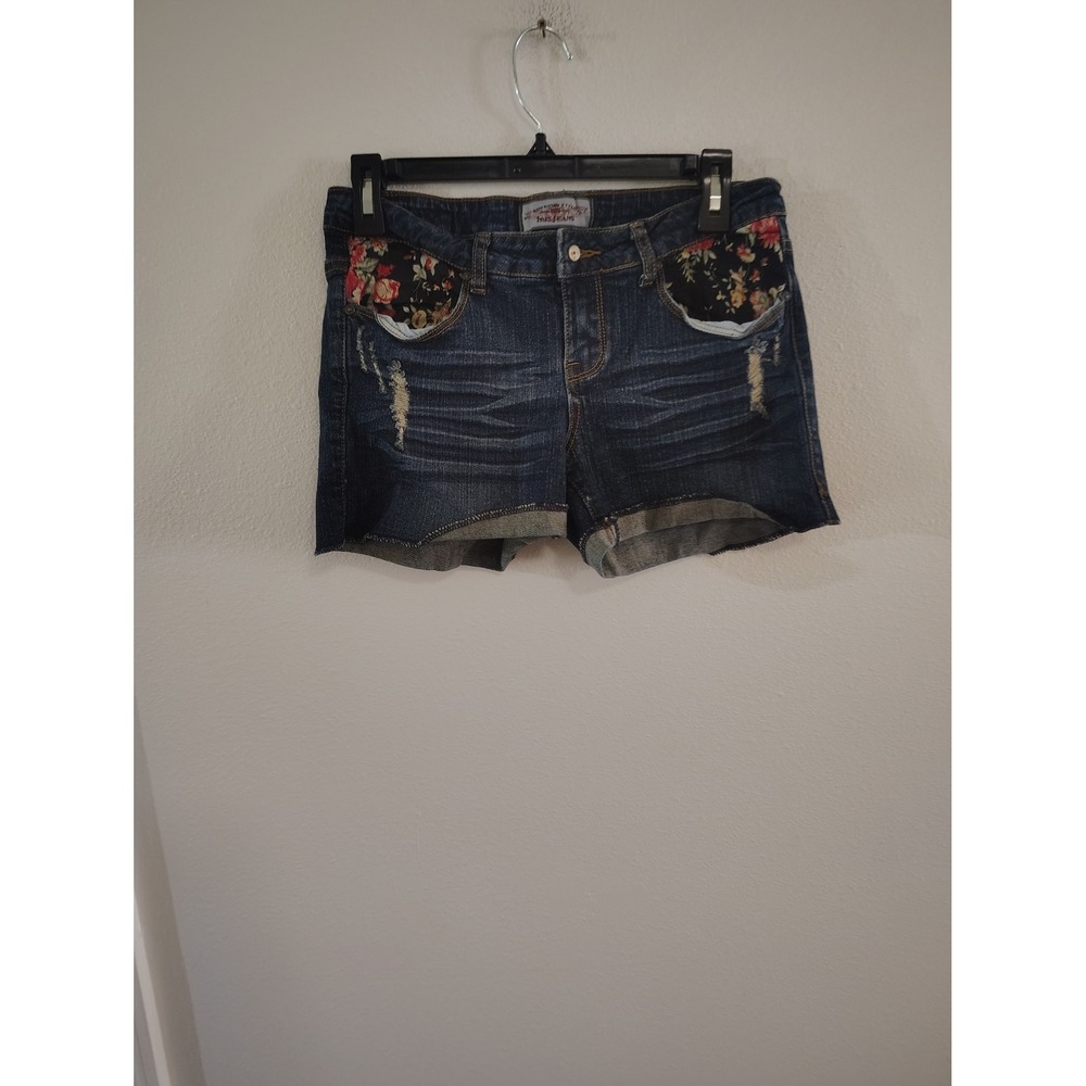 Iris Jeans American Style Womens Distressed Floral Pocket Denim Shorts Blue L